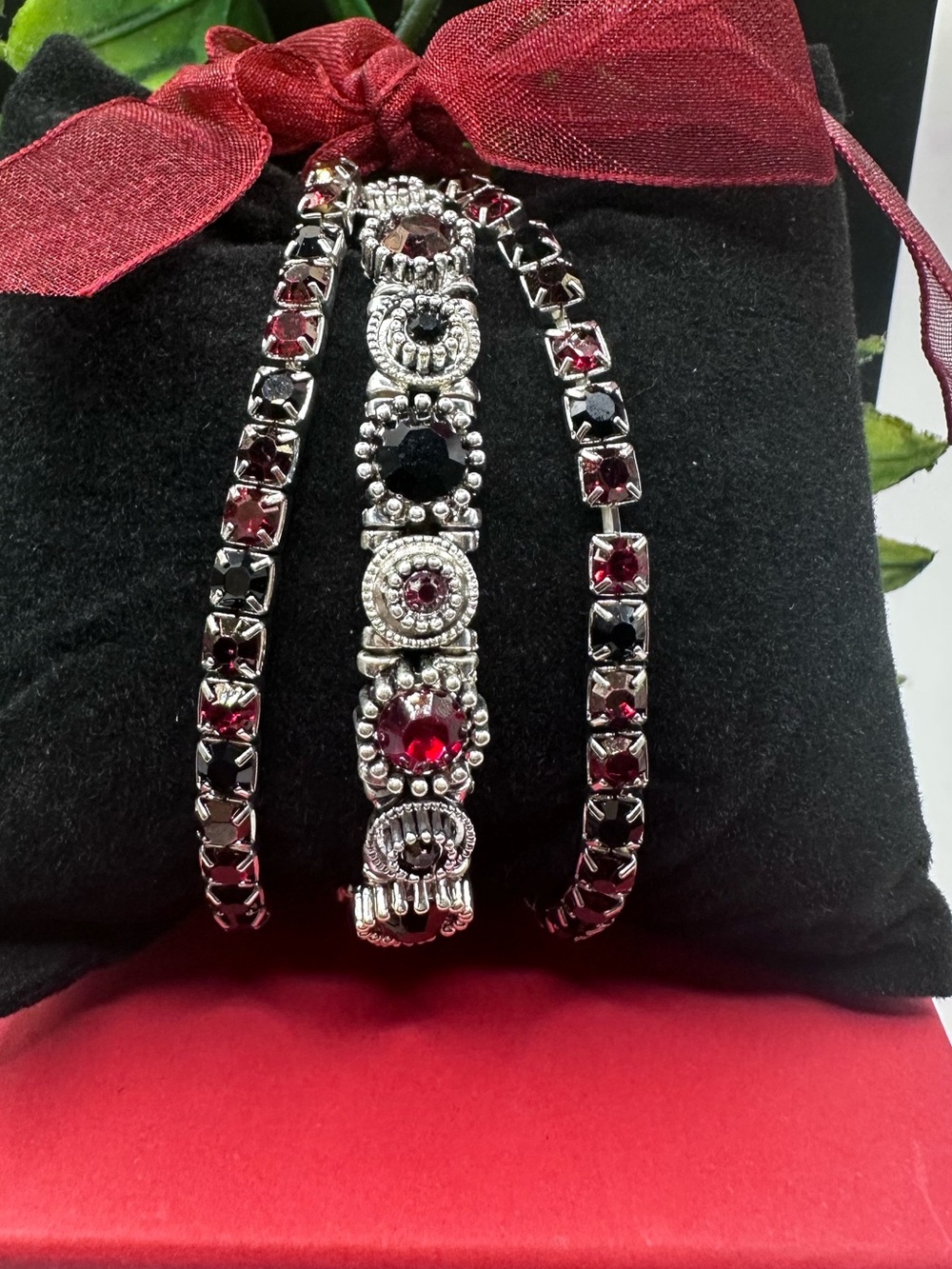 Elegant Burgundy Crystal 3 piece Tennis Bracelet - Women Jewelry